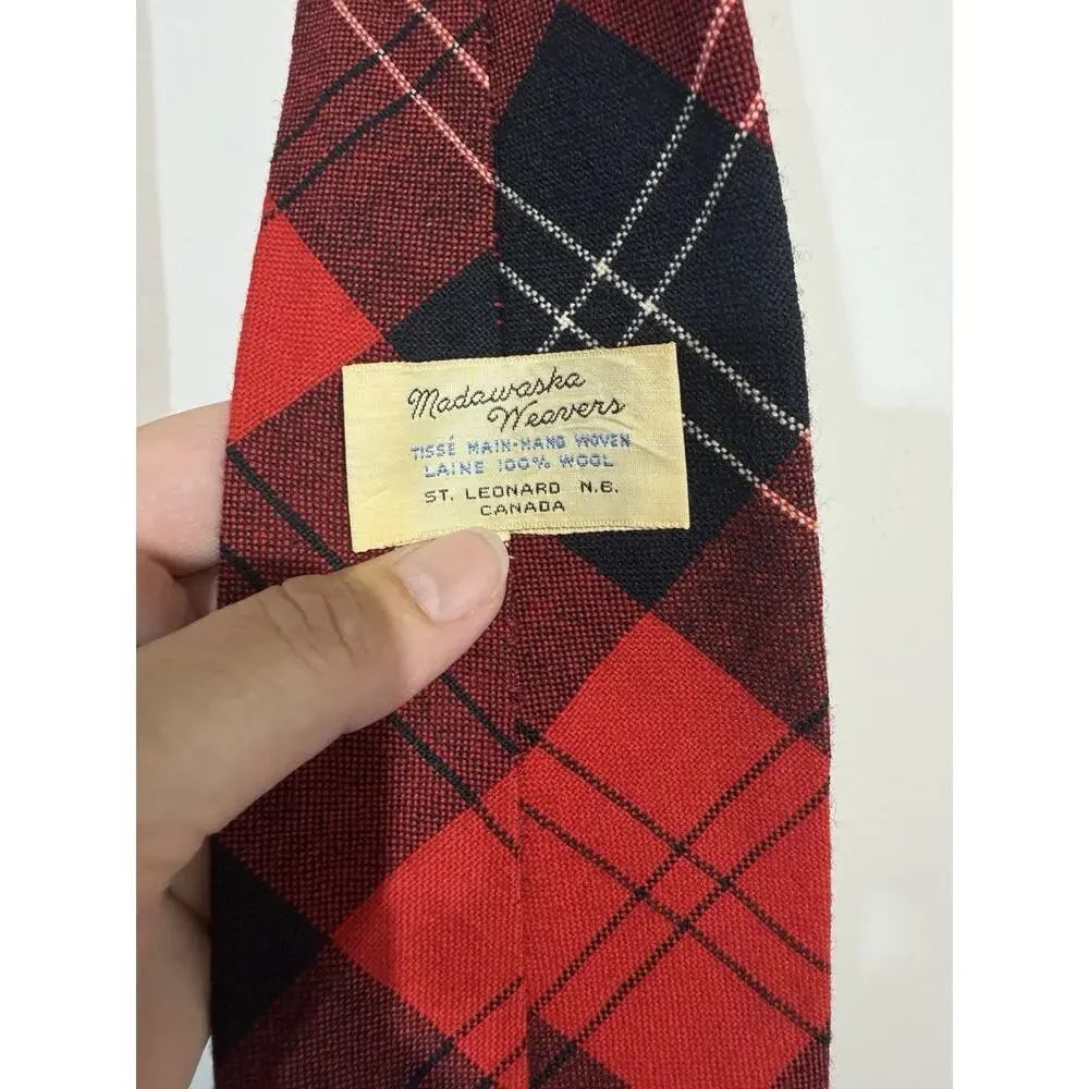 Vtg 100% Wool Madawaska‎ Weavers Tie Necktie Red Black Plaid Striped Hand Woven